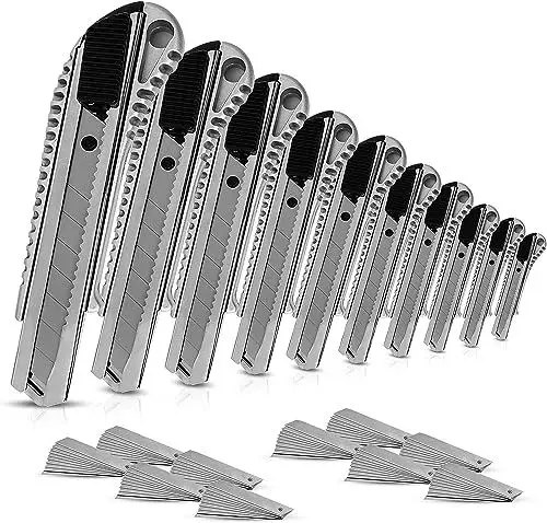Produktbild: HAYATEC 10x Cuttermesser Profi Aluminium Cuttermesser 18mm mit Extra 100 SK5 Abbrechklingen Mehrzweck Teppichmesser Cutter messer