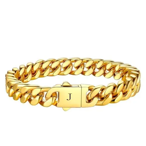 Produktbild: HAYOUWAY Armband Herren Silber mit Buchstaben, Herren Armband Damen Panzerkette Edelstahl Armbänder für Herren mit Gravur A-Z Personalisierte Geschenke (Gold-J, Vergoldet)