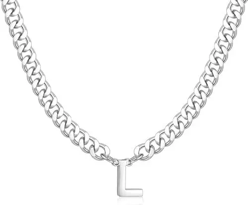Produktbild: HAYOUWAY Kette Herren mit Buchstaben Halskette Damen Silber Kette, Edelstahl Panzerkette Herren Halskette Kubanische Kette mit Buchstabe Anhänger Schmuck Geschenke (L)