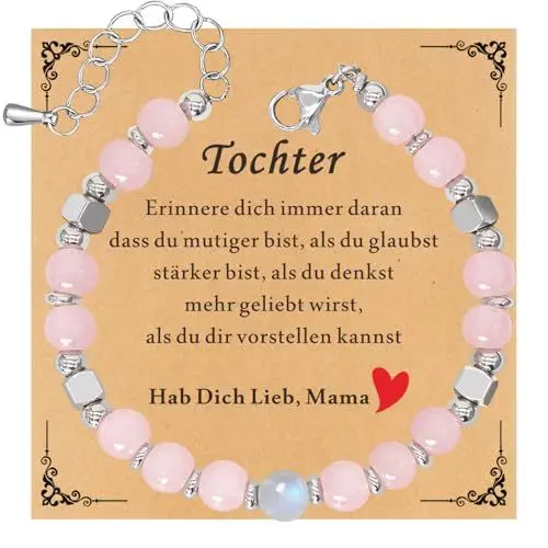 Produktbild: HAYOUWAY Mondstein Armband Damen Mädchen Amazonit Perlenarmband 6mm Edelstein Armband, Geschenke für Frauen Mädchen Mutter Tochter Armband Geschenke Armbänder (Tochter Geschenk, Rosenquarz)
