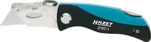Produktbild: HAZET Klappmesser 2157-1 inklusive Ersatzklingen - Cutter-Messer mit Komfortgriff und Daumenkissen zur gelenkschonenden Arbeit - scharfe Klinge zum Schneiden von Kunststoff, Pappe uvm.