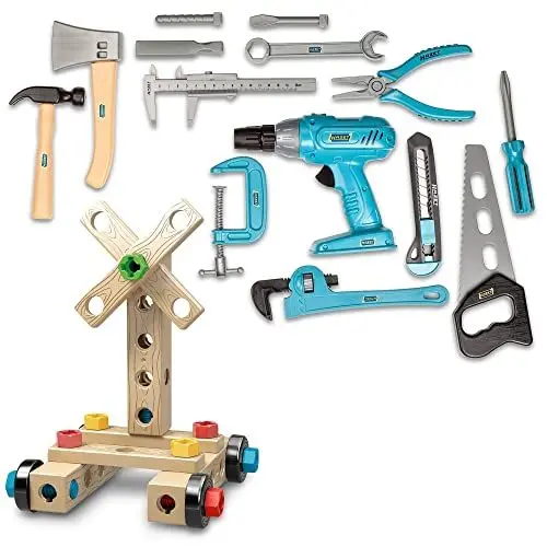Produktbild: HAZET Kinder Junior-Tool Spielzeugsatz JUNIORTOOL1 I 61-teilig, bestehend aus 14 Werkzeugen und Bauklötzen inkl. Muttern und Schrauben I Werkzeug-Set für Kinder ab 3 Jahren