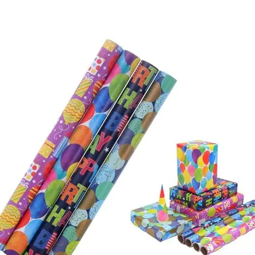 Produktbild: HBell Birthday Paper Rolls, 4 Rolls Happy Birthday Wrapping Paper, Colourful Wrapping Paper, 43 cm x 3 m, Suitable for Birthday, Baby Shower, Party, Festive Decorations