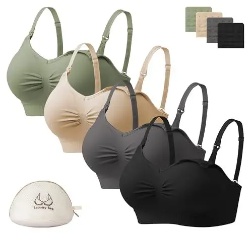 Produktbild: HBselect 4 Pcs Schwangerschafts Still BH Nahtloser Still-BH mit zusätzlichen BH-Verlängerungen Stillen und Schlaf Ohne Bügel für Damen Schwarz Dunkelgrau Grün Beige