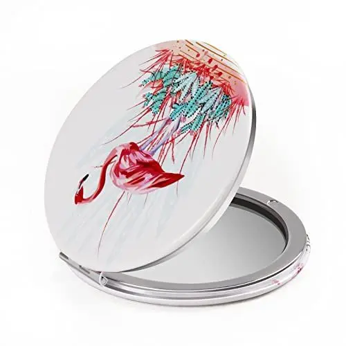 Produktbild: HBTD-SZ Kompaktspiegel, tragbarer Spiegel, 1-fach/2-fache Vergrößerung, runder Metall-Taschenspiegel (One Flamingo)