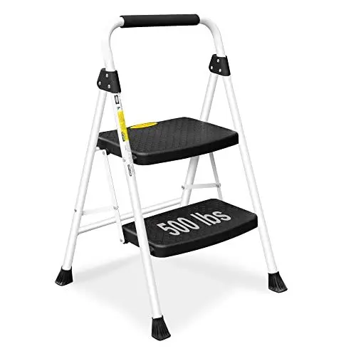Produktbild: HBTower Trittleiter 2 Stufen Klappbar, Kleine Leiter mit Gummihandgriff, Rutschfester Design, Aus hochwertigem Legierungsstahl, Tragfähigkeit bis 150kg, tragbare 2 Stufen Leiter für Haushalt und Büro