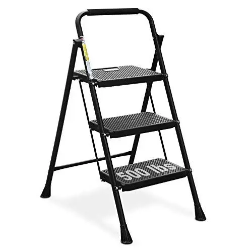Produktbild: HBTower Trittleiter 3 Stufen klappbar, Leiter mit Breitem Anti-Rutsch-Pedal, Trittleiter mit Bequemer Handlauf, Tragbarer Tritthocker aus Stahl, Schwarz