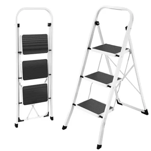 Produktbild: HBTower Trittleiter 3 Stufen klappbar, Trittleiter mit Anti-Rutsch-Pedal, Tragbare Robuste Tritthocker mit Handläufen, Perfekt für Küche & Haushalt, 150kg Kapazität, Weiß