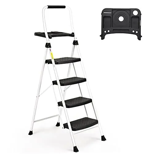 Produktbild: HBTower 4-Stufen-Leiter, Klappbarer Tritthocker mit Breitem Anti-Rutsch-Pedal, Stabiler Praktischer Handgriff, Leichter 229 kg Tragbarer Stahl-Tritthocker, Weiß