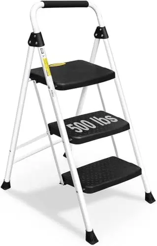 Produktbild: HBTower Trittleiter 3 Stufen Klappbar, Kleine Leiter mit Gummihandgriff, Rutschfester Design, Aus hochwertigem Legierungsstahl, Tragfähigkeit bis 150kg, tragbare 3 Stufen Leiter für Haushalt und Büro