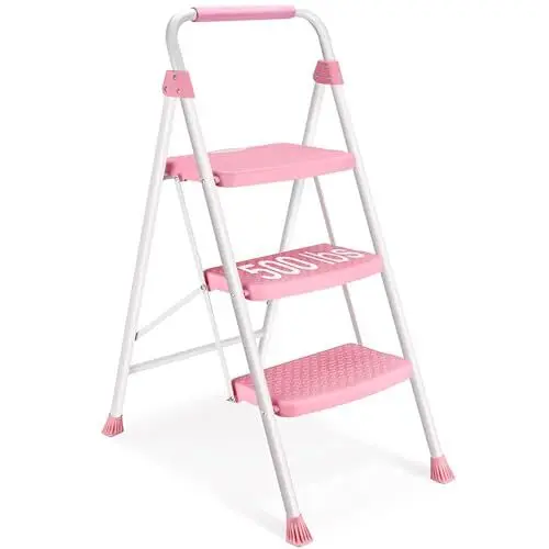 Produktbild: HBTower Leiter 3 Stufen, Trittleiter mit Breitem Pedal, Leichter 150 kg Kapazität, Tragbarer Tritthocker, Rosa