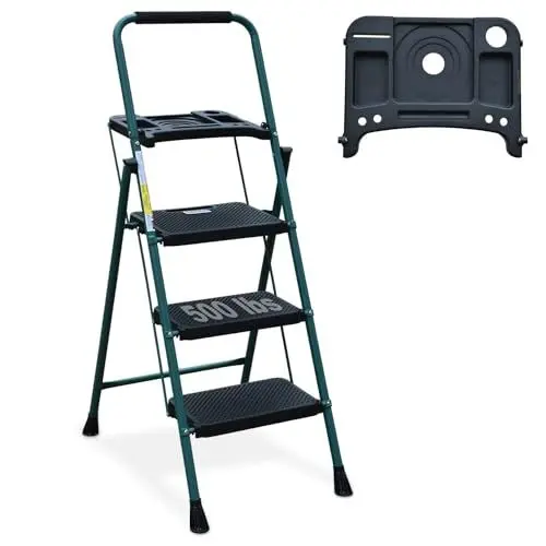 Produktbild: HBTower Trittleiter 3 Stufen klappbar, Leiter mit Breitem Anti-Rutsch-Pedal, Trittleiter mit Bequemer Handlauf, Tragbarer Tritthocker aus Stahl, Grün