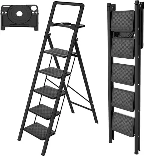 Produktbild: HBTower Trittleiter 5 Stufen Klappbar, Leiter 5 Stufen,stufenleiter,Leiter mit breitem Anti-Rutsch-Pedal, Tritthocker, Tritthocker mit 150kg Kapazität,Schwarz