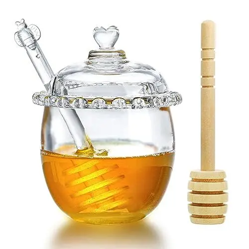 Produktbild: H&D Hyaline&Dora Glas Honigglas mit Schöpflöffel und Deckel, 170 ml Glas Honigtopf, Kristall Honigspender, Honigbehälter mit Schöpflöffel, Honigglas zum Aufbewahren und Dosieren von Honig