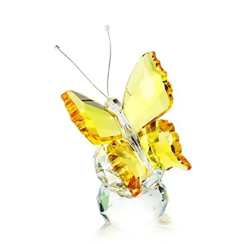 Produktbild: H&D Kristall Schmetterling mit kugelformigem Kristallsockel, Sammlerstück Tierfigur, Geschenkidee, Gelb