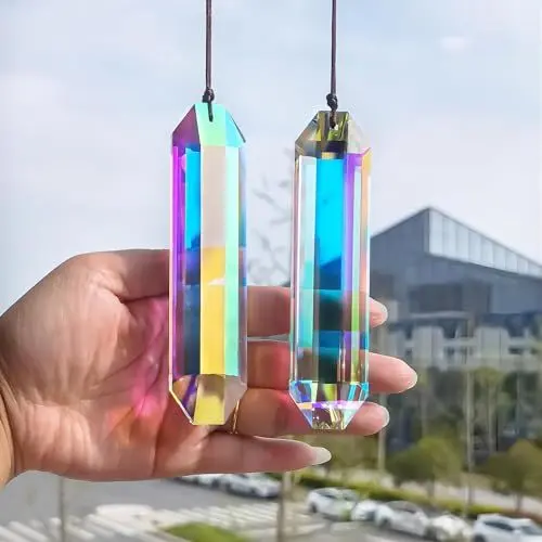 Produktbild: HDCRYSTALGIFTS 2 Stück 12,7 cm Kristallprismen für Innenfenster mit bunten sechseckigen Kristallen AB Sonnenfänger Regenbogen für Weihnachten Terrasse