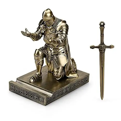 Produktbild: HDMbigmi King's Guard Leader Cloak Warrior Knight Stifthalter Handyständer, Ornament Ritter Statue, Stifthalter Briefbeschwerer mit einem Metallschwert Brieföffner für Büro und Zuhause (Bronze)