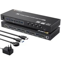 Produktbild: HDMI KVM Switch 4 PC 1 Monitor 4K@60Hz, EDID Emulator, USB 3.0 KVM Switch HDMI 4 Port Teilen Tastatur Maus Monitor, HDMI USB Switch mit Wired Remote und HDMI+USB3.0 Kabeln…