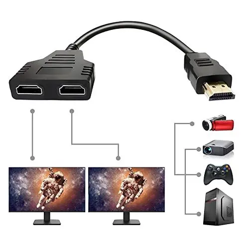 Produktbild: HDMI Kabel Splitter, 1-auf-2 Wege Splitter Kabel Adapter Konverter, 1080P HDMI Stecker auf Dual HDMI Buchse