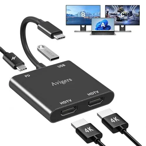 Produktbild: HDMI Splitter 1 in 2 Out, USB C zu HDMI Adapter 2 Monitore Gleichzeitig, Hdmi Switch mit 2 HDmi Port, PD, USB 3.0 für Laptops und Tablets etc (Einzel Ausnutzen 4K@60Hz und Duales Ausnutzen 4K@30Hz)