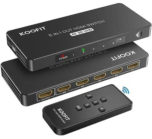 Produktbild: HDMI Switch Automatisch, 4K HDMI Splitter 5 in 1 Out Umschalter mit Fernbedienung, Verteiler 5 Port Selector Box Unterstützt 4K 3D HDR für TV Stick HDTV Xbox Series PS5