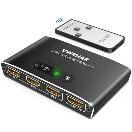 Produktbild: HDMI Switch HDMI Splitter, Automatisch 4K Aluminium HDMI Switch 3 in 1 Out UHD HDMI Verteiler mit Fernbedienung, HDMI Umschalter Unterstützt 4K 3D HDR für Fire TV Stick UHD TV PS4 Xbox DVD Blu-Ray