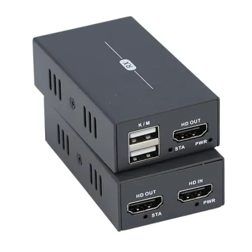 Produktbild: HDMI-Extender-Kit, 165 Fuß 1080P HD-Videosender und -empfänger, Unterstützt USB-KVM, bei 60 Hz, Cat6-Ethernet-Kabel, RJ45-HD-Schnittstellen-Erweiterungsadapter (EU-Stecker