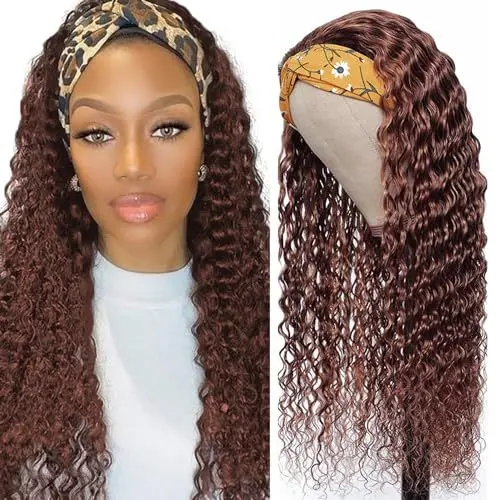 Produktbild: Headband Wig Human Hair Water Wave Perücke Damen Echthaar No Lace Echthaar Perücke Wear and Go Glueless Wigs Human Hair Wig 150% Density Headband Wigs #4 Light Brown Wig 20 Inch (50cm)