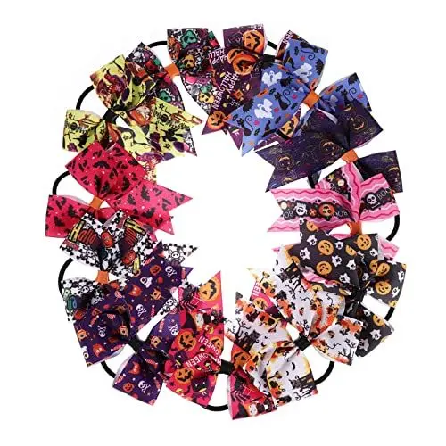 Produktbild: Healeved 12 Stück Halloween Haargummis mit Schleifen Elastische Haargummis für Teenager und Gemischte Designs für Halloween Outfits