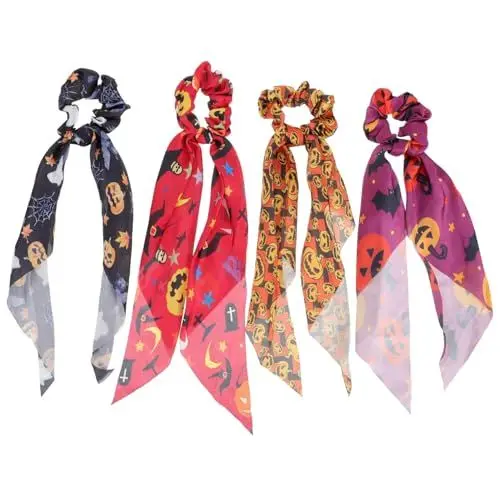 Produktbild: Healeved 4 Stück Halloween-Kürbis-Haargummis Kürbisschädel-Haarbänder Urlaubs-Haargummis Pferdeschwanzhalter Halloween-Haarschal Halloween-Haar-Accessoires