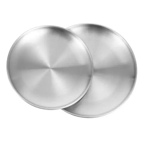 Produktbild: Healifty 2st Edelstahlplatte Pizzapfanne Für Ofen Pizzaständer Aus Edelstahl Kleinkindteller Aus Edelstahl Metallplatte Großes Rundes Serviertablett Pizzapfannen Rostfreier Stahl Silver
