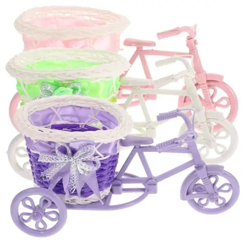 Produktbild: Healifty 3 x Dreirad Blumenkorb Rattan Blumentopf Deko Blumenarrangement Halter Indoor Bike Blumentopf Pflanztopf Container (zufällige Farbe)