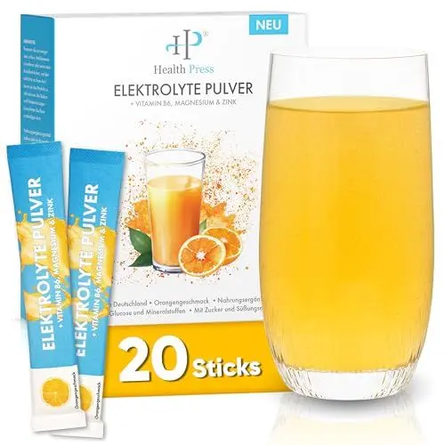 Produktbild: Health Press® Elektrolyte – Elektrolyt Pulver (20 Sticks je 8g) – Getränkepulver zur Elektrolyt-& Flüssigkeitszufuhr – Electrolytes Orangengeschmack – Elektrolytpulver Sport zum Auflösen in Wasser