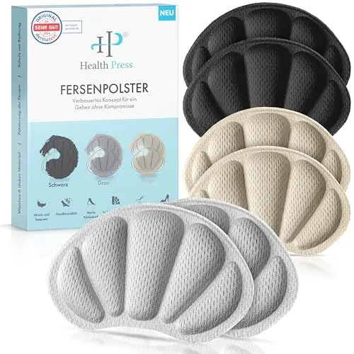 Produktbild: Health Press® Fersenpolster Schuhe – Premium Fersenschutz Fersenkissen – 3 Paar Schuheinlagen in Schwarz, Grau, Beige – Antirutsch Einlagen für große Schuhe – Fersenschutzpolster gegen Reibung, Blasen