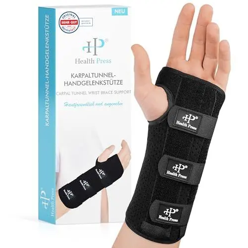 Produktbild: Health Press® Karpaltunnel Bandagen – 1x Karpaltunnel-Handgelenkstütze mit Metallschienen – Karpaltunnelsyndrom Schiene zur Unterstützung, Stabilisierung, Immobilisierung (S, Links)