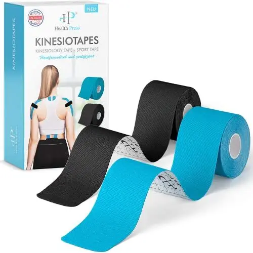 Produktbild: Health Press® Kinesiotapes – 2 Rollen Kinesiologie Tape Sport Blau + Schwarz (5cm x 5m) – Kinesiotape – Profi Physio Tape und Sporttape – Hautfreundliche Tapes DERMATEST: SEHR GUT