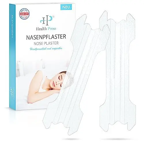 Produktbild: Health Press Nasenpflaster – 50 Transparente Nasenstrips – Anti Schnarch Pflaster für einfacheres Atmen bei Schlaf & Sport – Schlafnasenstreifen für bessere Atmung – Schnarchstopper – Nasal Strips
