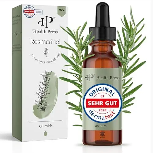 Produktbild: Health Press® Rosmarinöl 60ml – Haar-& Hautpflege – Rosmarin Öl für Haarwachstum – Rosmarinöl Haare & Kopfhaut – Haaröl bei Haarausfall – Rosemary Oil for Hair – Hair Growth Oil – Natürliche Pflege