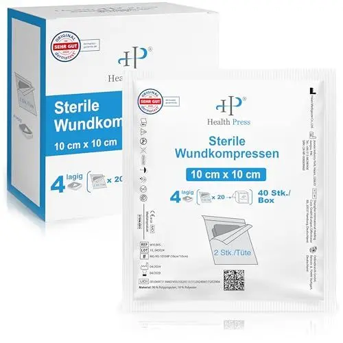 Produktbild: Health Press Sterile Kompressen 10x10 cm – 40 Wundkompressen im Set (20x2 Stück) – Verbandsmaterial für Wundversorgung – Mullkompressen 4-lagig – Wundauflagen Steril – Verband Dermatologisch Getestet