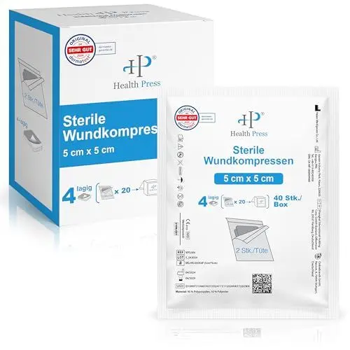 Produktbild: Health Press® Sterile Kompressen 5x5 cm – 40 Wundkompressen im Set (20x2 Stück) – Verbandsmaterial für Wundversorgung – Mullkompressen 4-lagig – Wundauflagen Steril – Verband Dermatologisch Getestet