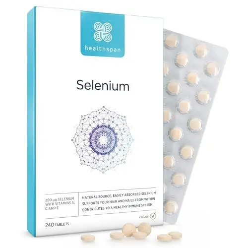 Produktbild: Healthspan Selen | Hochabsorbierbar | Mit Vitamin C, A & E | Unterstützung für Haar-, Nägel- und Hautgesundheit | Umfassende Unterstützung des Immunsystems & Zellschutz | Vegan | 240 Tabletten