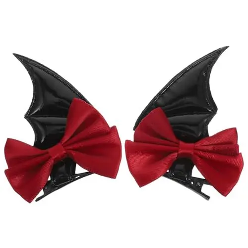 Produktbild: Healvian 2 Stück Halloween Fledermaus Schleifen Flügel Haarspangen Halloween Teufelsflügel Haarspangen Fledermaus Flügel Kostüm Cosplay Haarnadeln Haarschmuck Für Frauen Mädchen Rot