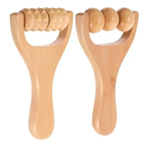Produktbild: Healvian 2 Stück Gua Sha Faszienroller Mit Griff Massageroller Faszienrolle Klein Rückenkratzer Holz Anti Massagegerät Rückenmuskel Roller Gesichtsroller Körper Massage Für Rücken, Beine, Nacken, Sch