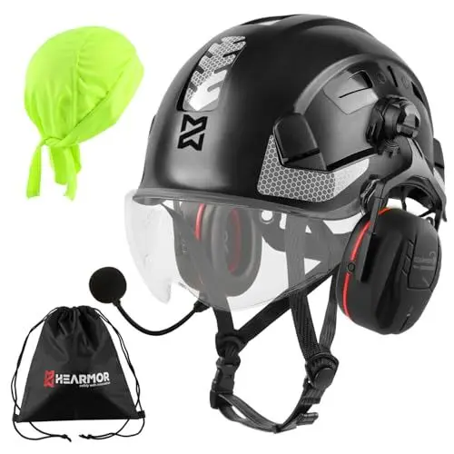 Produktbild: HEARMOR Höhenarbeiten Industriehelm Erwachsene Bauhelm mit Aktivem Gehörschutz ABS Schutzhelm Zertifizierung EN12492 Bestanden EN397 Stoßdämpfung und Eindringfestigkeit Test SNR 32dB mit Bluetooth