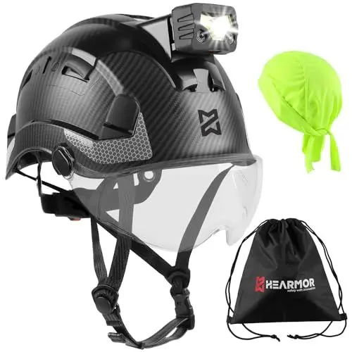 Produktbild: HEARMOR Höhenarbeiten Industriehelm Erwachsene Bauhelm LED-Kopflampe inklusive ABS Schutzhelm Zertifizierung EN12492 Bestanden EN397 Stoßdämpfung und Eindringfestigkeit Test