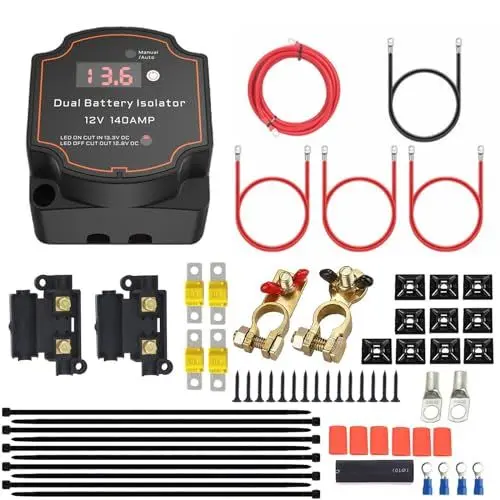 Produktbild: Heart Horse 3 Meter Spannungsgesteuertes Trennrelais Kit 12V 140Amp,Doppelbatterie-Isolator-Kit Manueller/Auto Modus Dualer Batterietrenner VSR mit LED-Bildschirmanzeige für Auto,Wohnmobil,Boot