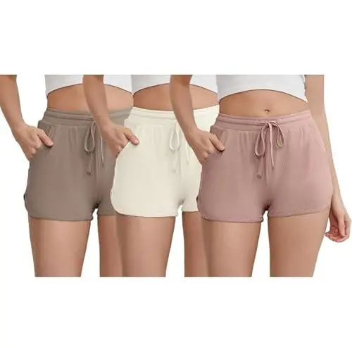 Produktbild: HEARTNICE 3er Pack Schlafshorts Damen kurz, Pyjamahose Damen kurz Sommer kurze Schlafhose Schlafanzughose Freizeithose (Khaki+Beige+staubiges Rosa, M)
