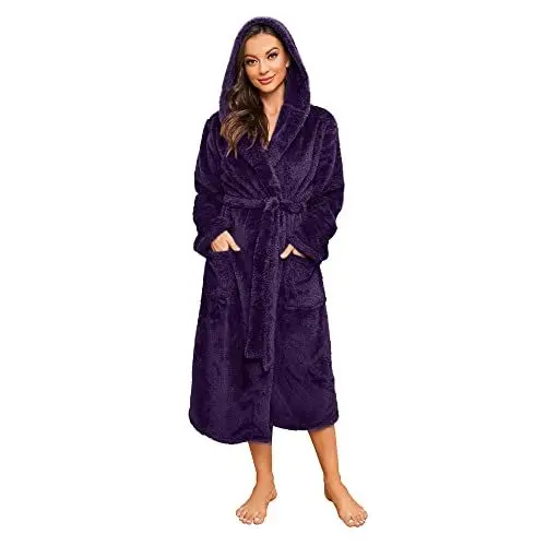 Produktbild: HEARTNICE Bademantel Damen Kapuze flauschiger Bademäntel Fleece Kuschel Bademantel Plüsch Morgenmantel Hausmantel (Purpurn, L/XL)