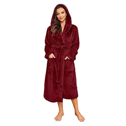Produktbild: HEARTNICE Bademantel Damen Kapuze flauschiger Bademäntel Fleece Kuschel Bademantel Plüsch Morgenmantel Hausmantel (Weinrot, S/M)