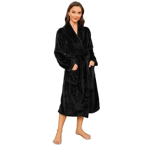 Produktbild: HEARTNICE Damen Fleece Bademantel Morgenmantel weich warm Bademantel Damen Plüsch flauschig Bademäntel Saunamantel Hausmantel (Rußschwarz, L/XL)